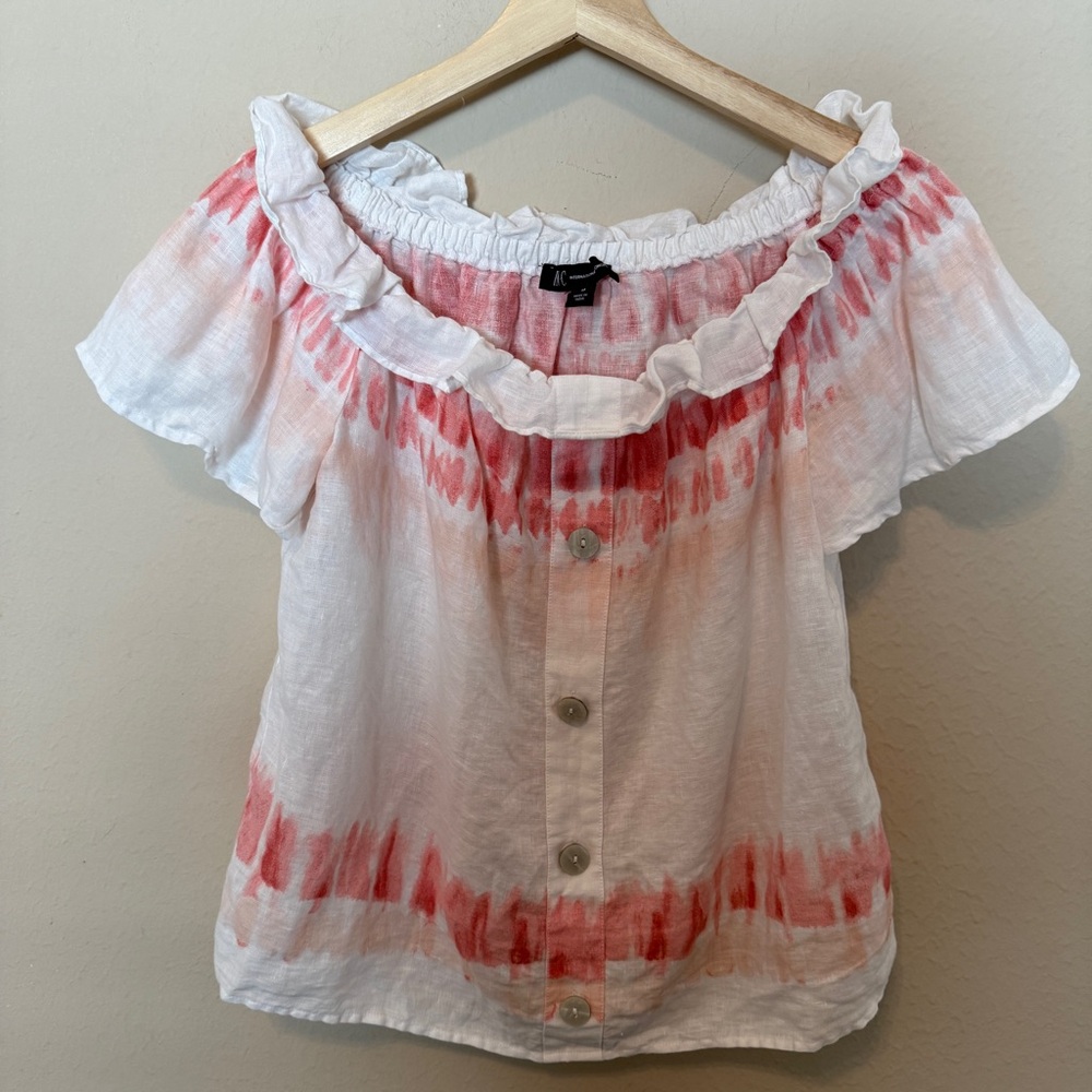 INC International Concepts Off The Shoulder Top 100% Linen Pink White Medium